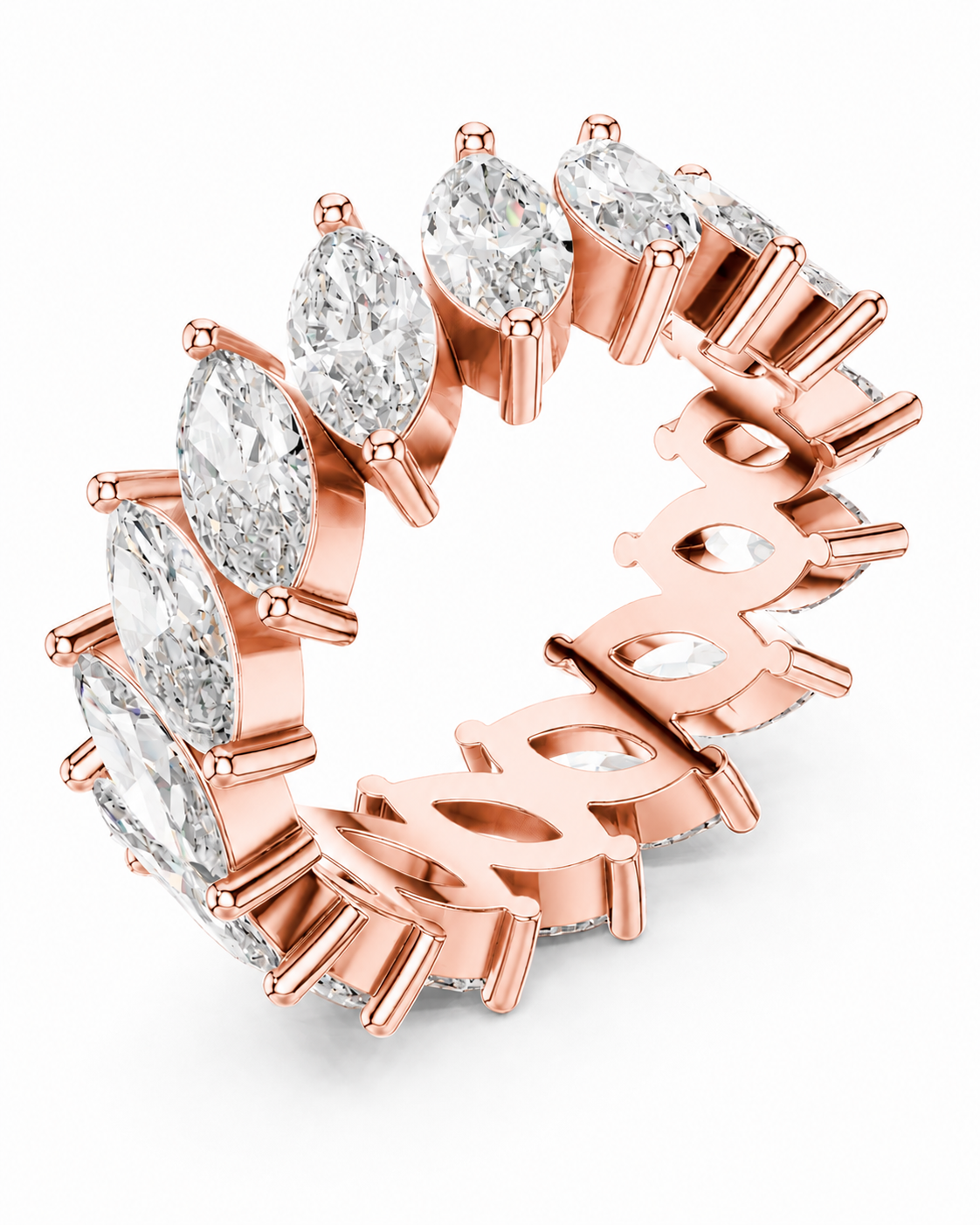 color_10K_RG, color_14K_RG &&	Rose gold eternity ring featuring marquise-cut clear gemstones and a repeating word design on the band, shown on a clean white background.