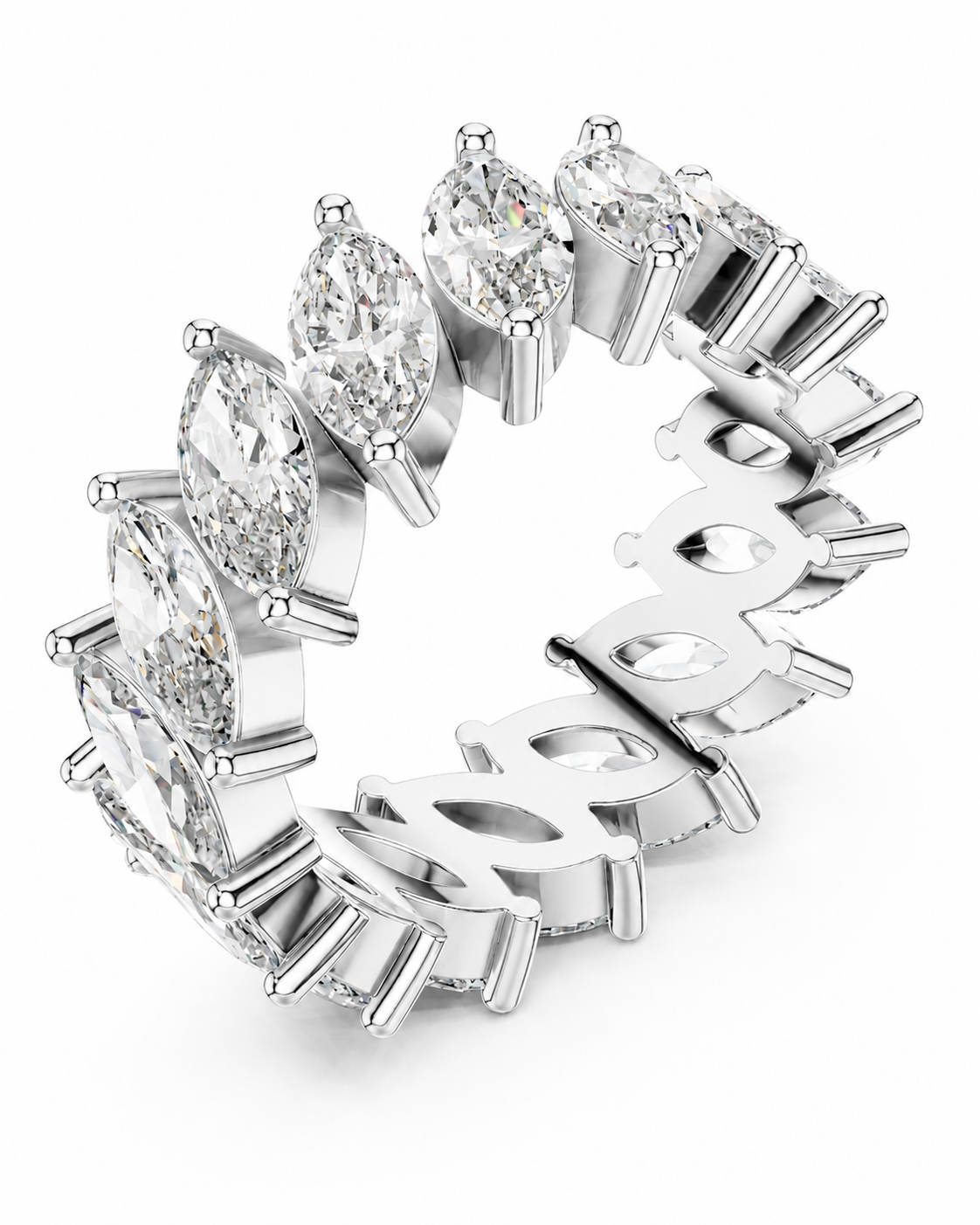 color_925_SIL,color_935_ARG,color_10K_WG, color_14K_WG &&	
A silver-toned eternity ring featuring marquise-cut and round brilliant-cut clear gemstones, with a polished band engraved with the word 'appreciate'.