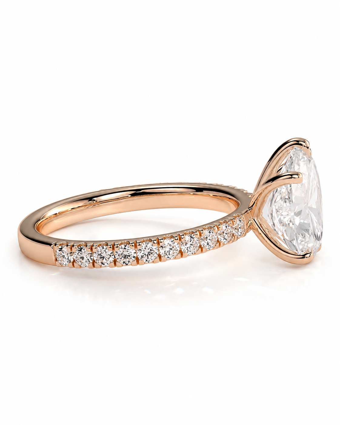 color_10K_RG, color_14K_RG &&A rose gold engagement ring featuring a large marquise-cut clear center stone in a four-prong setting, with a pave band of small round diamonds, shown on a white background.