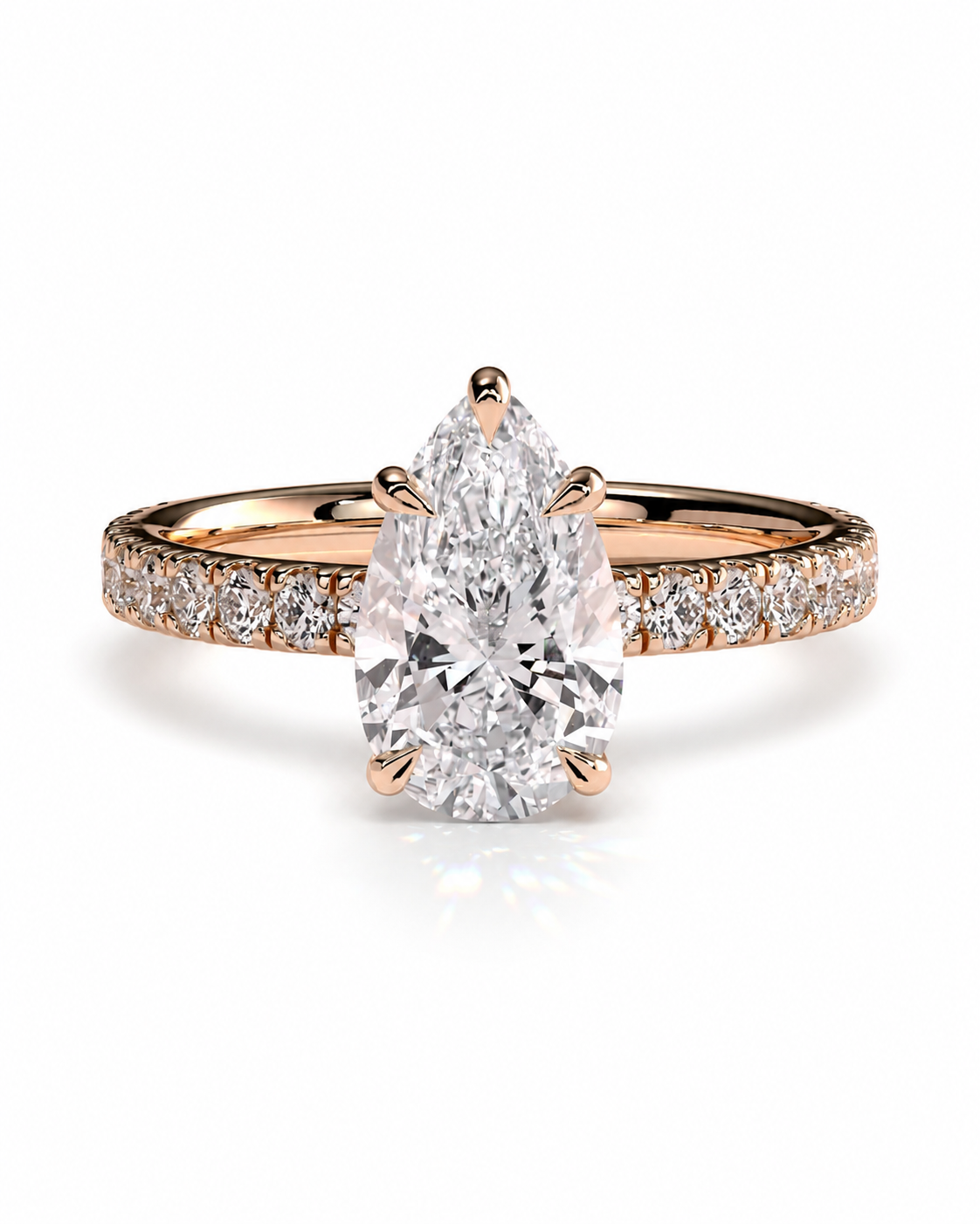 color_10K_RG, color_14K_RG &&A rose gold engagement ring featuring a large pear-cut center diamond and a pave-set diamond band, shown on a clean white background.