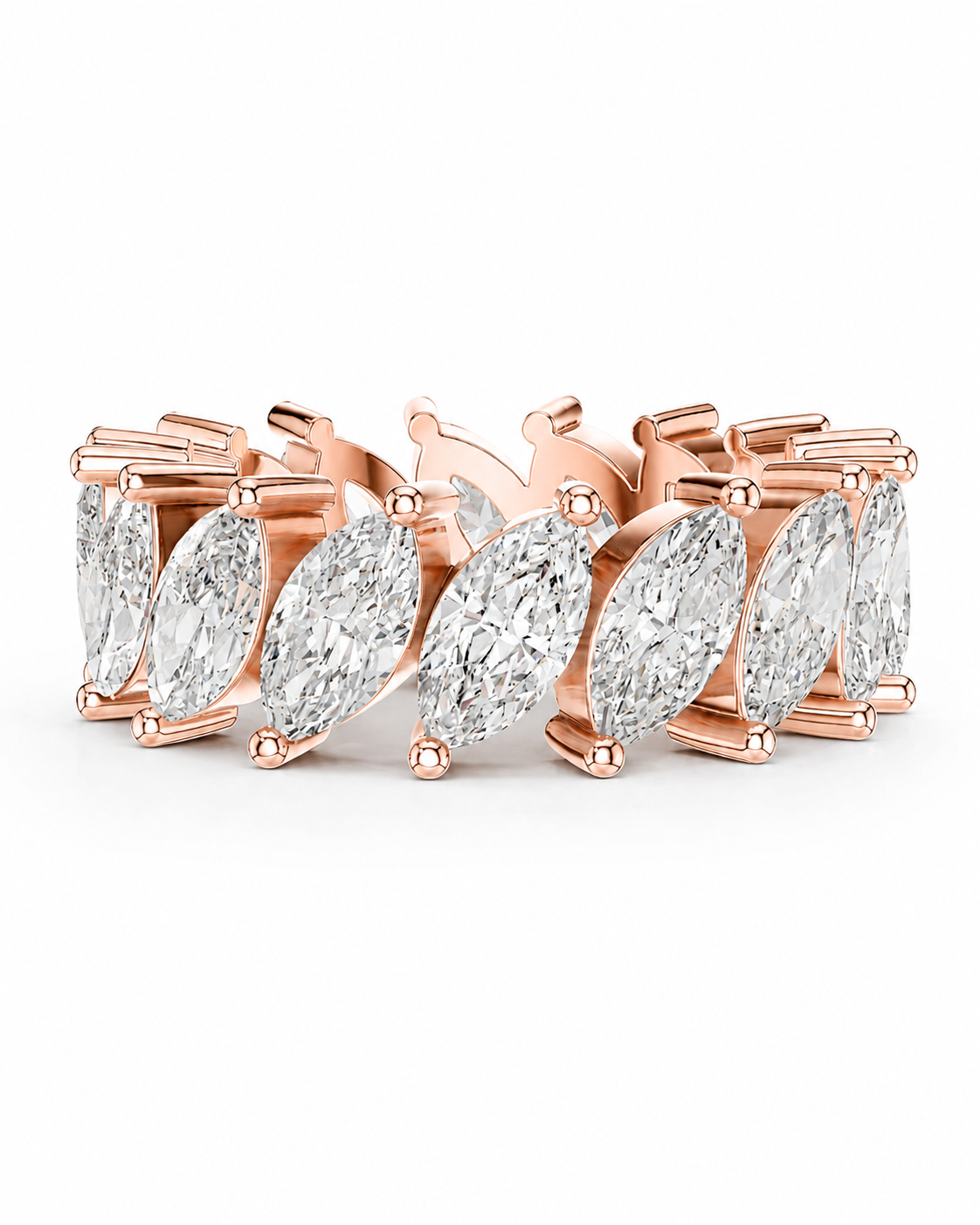 color_10K_RG, color_14K_RG &&	A rose gold band bracelet featuring a row of marquise-cut clear gemstones in a prong setting, shown against a plain white background.