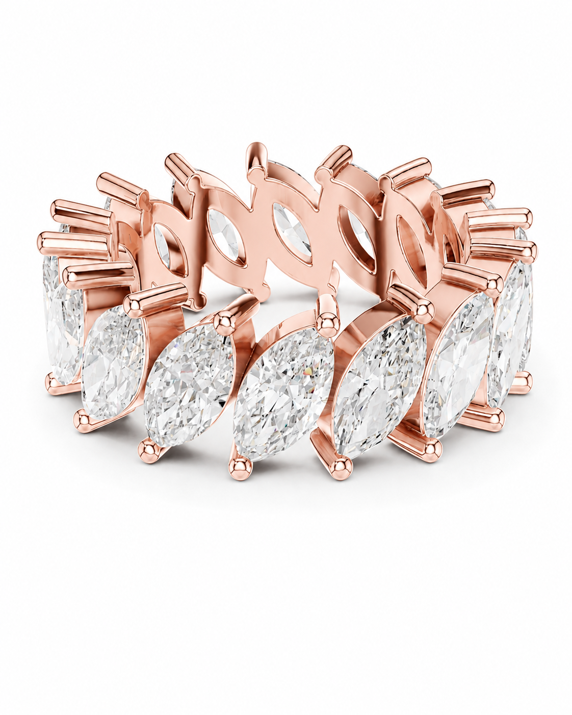 color_10K_RG, color_14K_RG &&	A rose gold eternity band featuring a row of marquise-cut clear gemstones in a prong setting, shown on a clean white background.