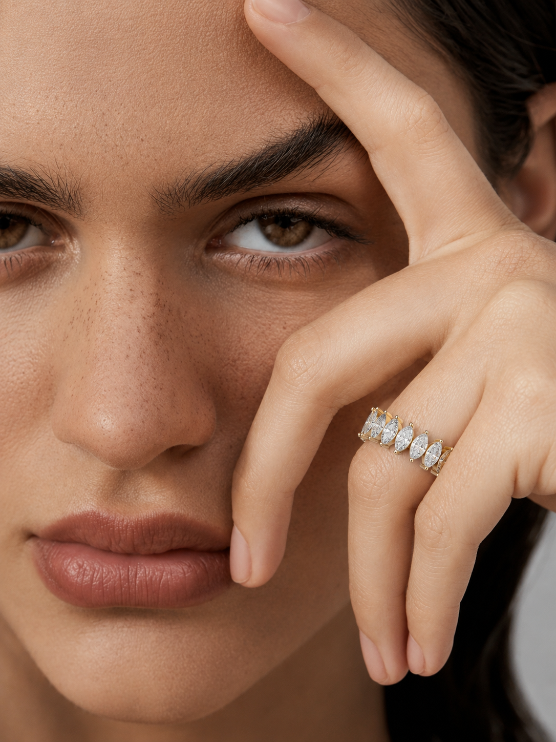 color_10K_YG, color_14K_YG &&	
Full eternity anniversary band featuring brilliant marquise moissanite stones and a polished profile.