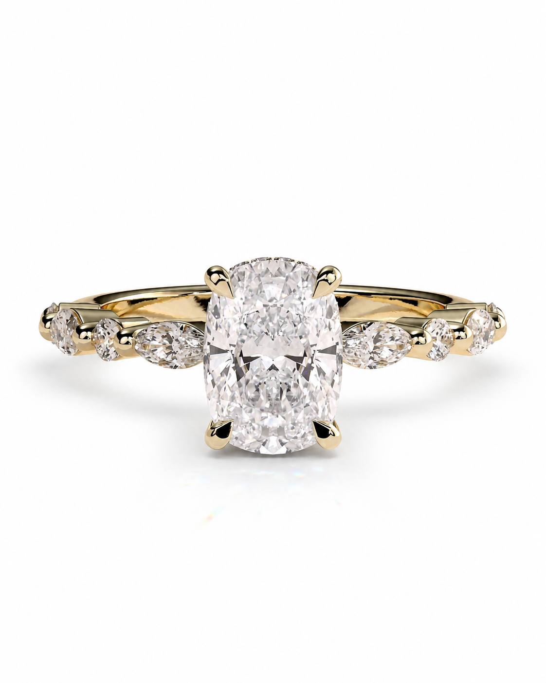 color_10K_YG, color_14K_YG &&Cushion cut moissanite hidden halo engagement ring with marquise side stones front view.
