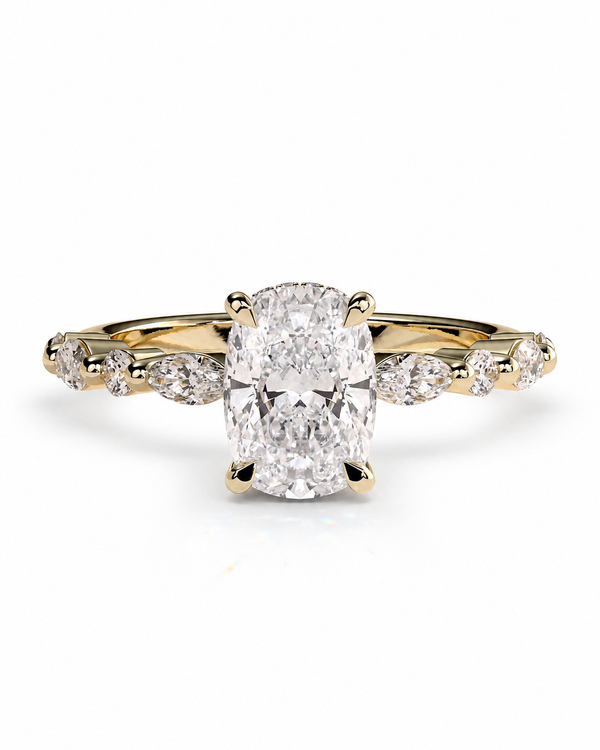color_10K_YG, color_14K_YG &&Cushion cut moissanite hidden halo engagement ring with marquise side stones front view.
