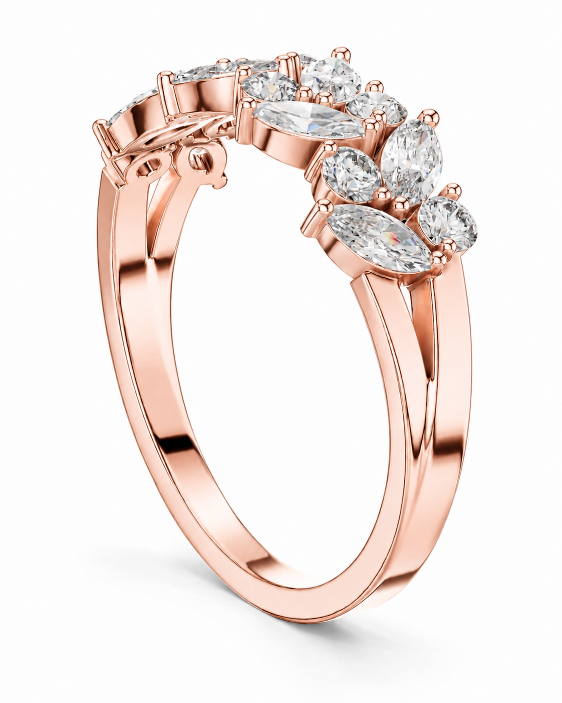 color_10K_RG, color_14K_RG &&	Rose gold ring with marquise and oval-cut clear gemstones, shown on a clean white background.