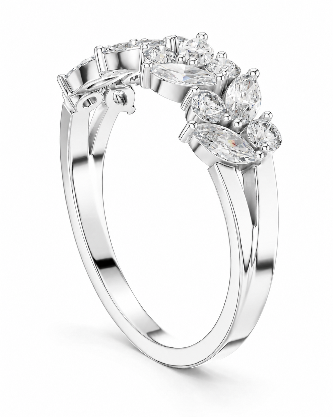 color_925_SIL,color_935_ARG,color_10K_WG, color_14K_WG &&	
A silver-tone diamond ring featuring marquise-cut and oval-cut diamonds set in a split-shank design, shown on a clean white background.