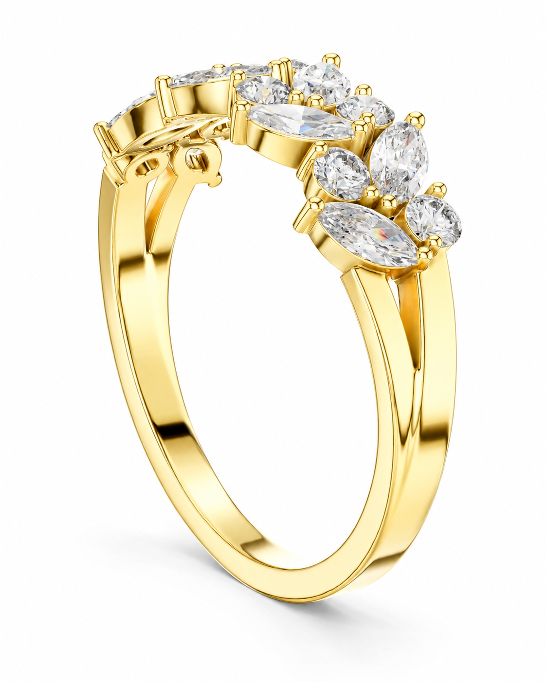 color_10K_YG, color_14K_YG &&	
A yellow gold ring featuring a marquise-cut diamond cluster on the upper right, photographed on a clean white background.