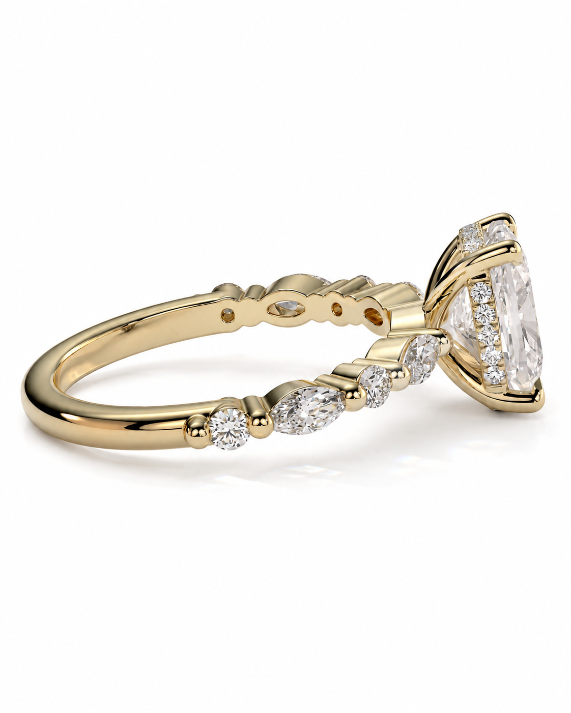 color_10K_YG, color_14K_YG &&Side profile of a hidden halo cushion cut moissanite ring with elegant gallery detailing.
