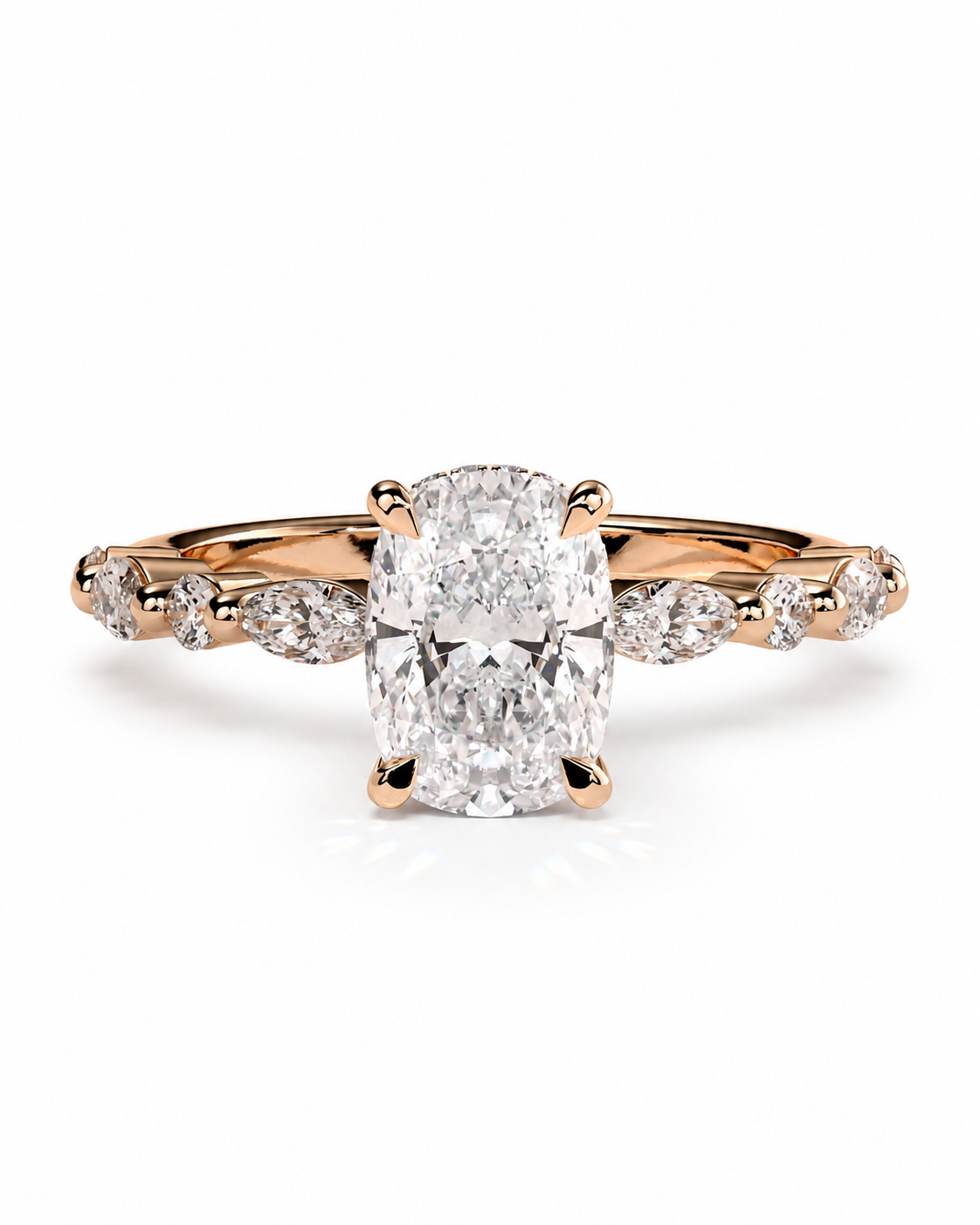 color_10K_RG, color_14K_RG &&A rose gold engagement ring featuring a large oval-cut center diamond flanked by smaller round and marquise diamonds on the band, set against a clean white background.