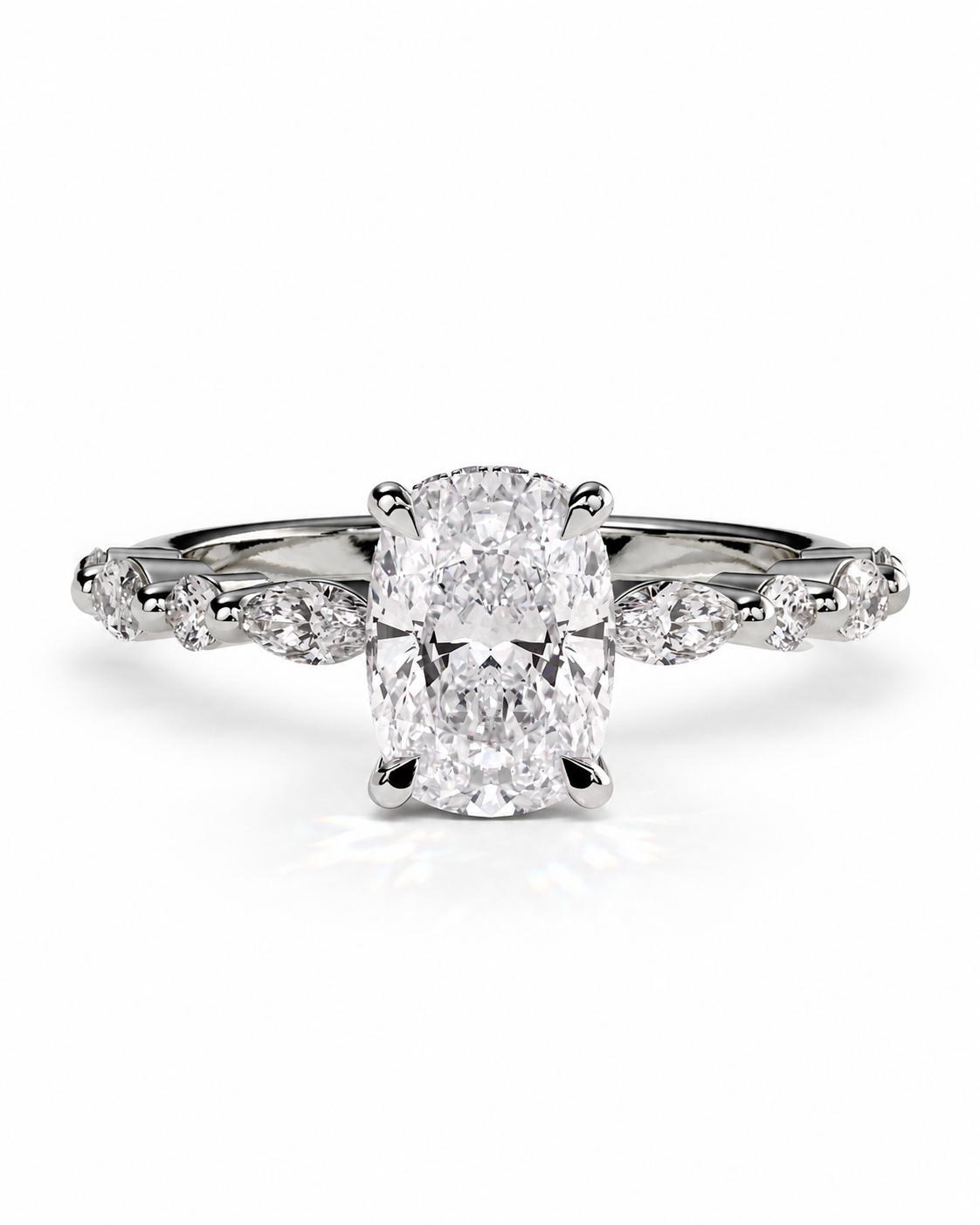 color_925_SIL,color_935_ARG,color_10K_WG, color_14K_WG &&An oval-cut diamond engagement ring with a radiant cut center stone and marquise-cut side stones on a polished silver-colored band, set against a clean white background.