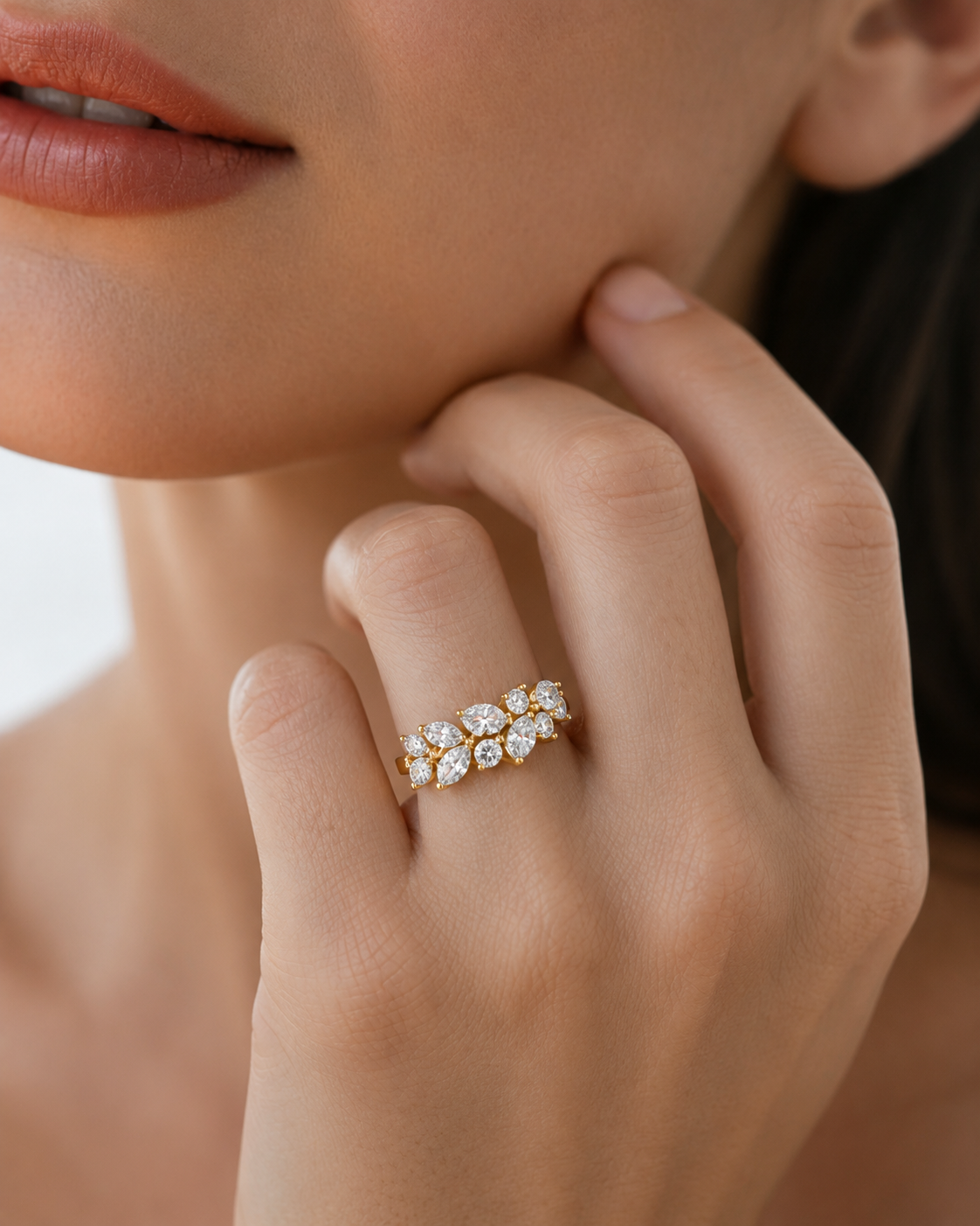 color_10K_YG, color_14K_YG &&	
Side profile of a premium moissanite wedding band showing raised shared prong setting