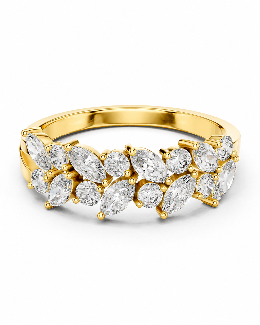 color_10K_YG, color_14K_YG &&	
A yellow gold ring featuring a double row of marquise-cut clear gemstones in a prong setting, shown on a clean white background.