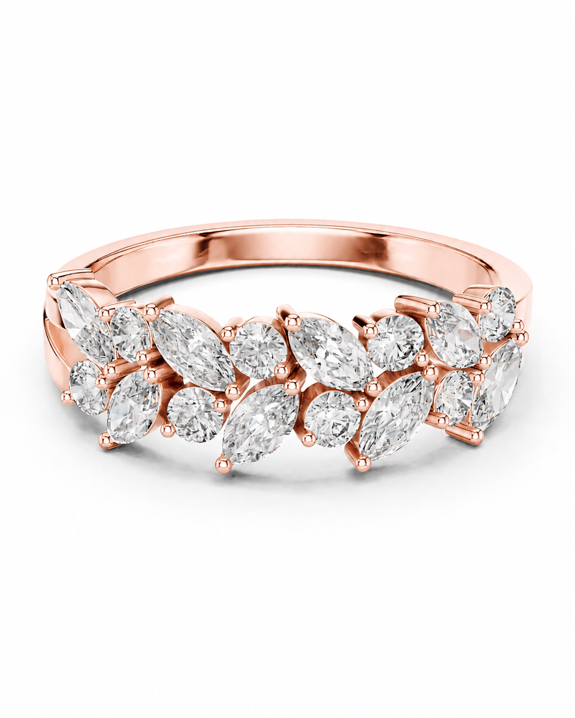 color_10K_RG, color_14K_RG &&	Rose gold diamond ring with a marquise-cut diamond cluster setting, shown on a clean white background.