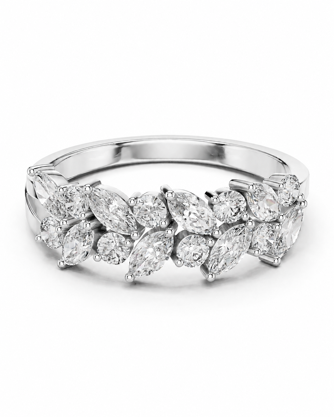 color_925_SIL,color_935_ARG,color_10K_WG, color_14K_WG &&	
A silver-tone diamond band ring featuring a continuous row of marquise and oval-cut diamonds on a plain white background.