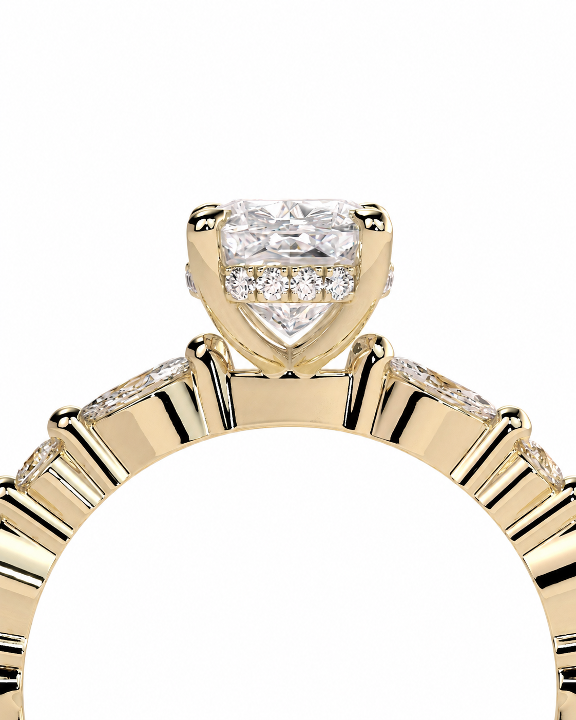 color_10K_YG, color_14K_YG &&Cushion cut moissanite engagement ring with alternating marquise and round accent stones.