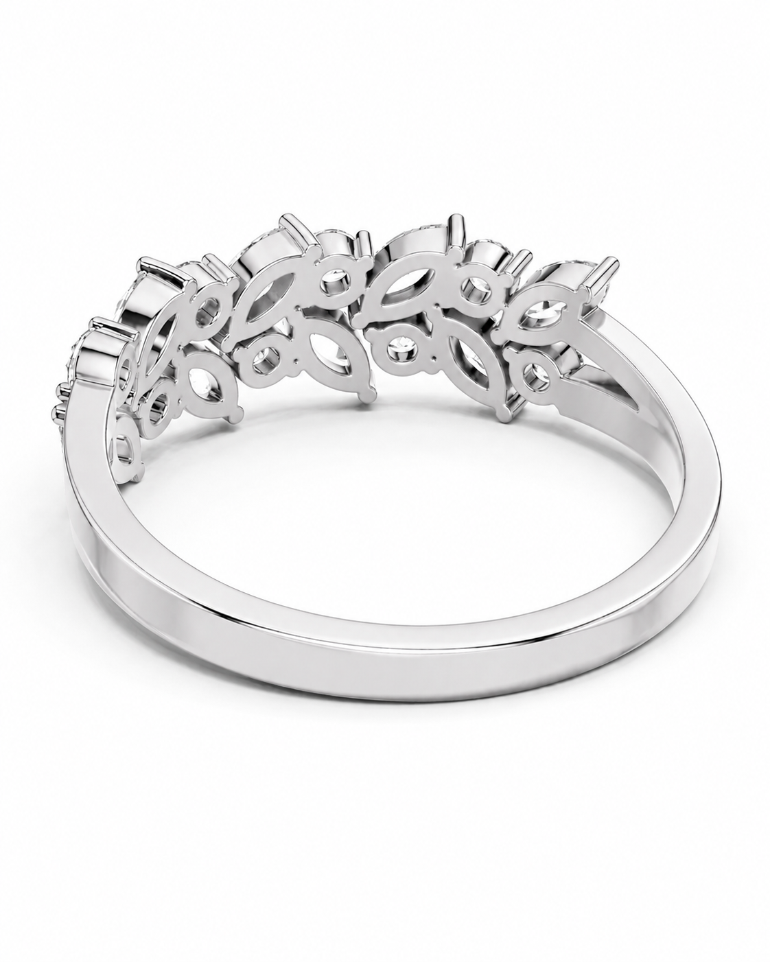 color_925_SIL,color_935_ARG,color_10K_WG, color_14K_WG &&	
A silver-toned diamond ring setting with a curved, openwork floral or leaf-like design holding multiple round and marquise-cut diamonds, shown on a clean white background.