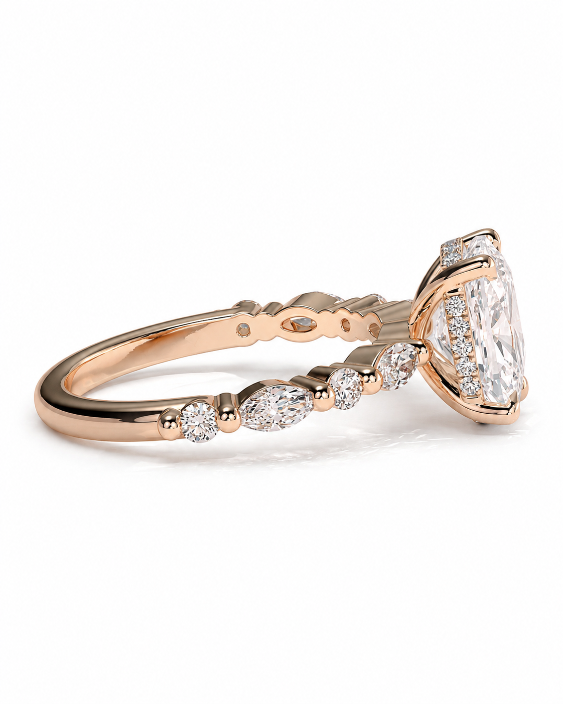 color_10K_RG, color_14K_RG &&Rose gold engagement ring with a large oval-cut center stone and marquise-cut side stones, shown on a clean white background.