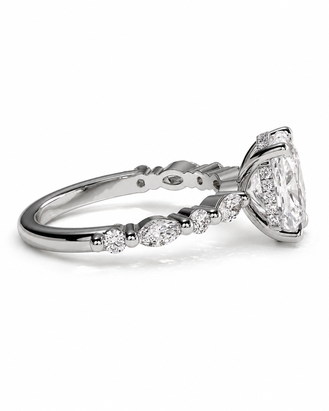 color_925_SIL,color_935_ARG,color_10K_WG, color_14K_WG &&A silver-toned diamond ring featuring a large marquise-cut center stone and a channel-set row of smaller marquise and round diamonds on the band, shown on a clean white background.