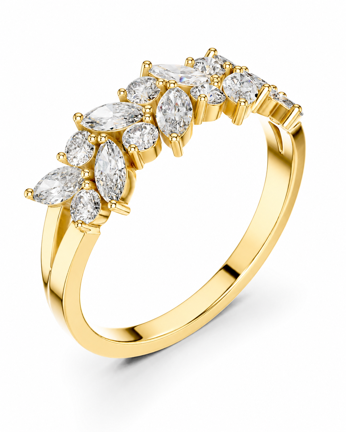 color_10K_YG, color_14K_YG &&	
A yellow gold ring featuring a curved row of clear marquise and oval-cut stones in a prong setting, shown on a clean white background.