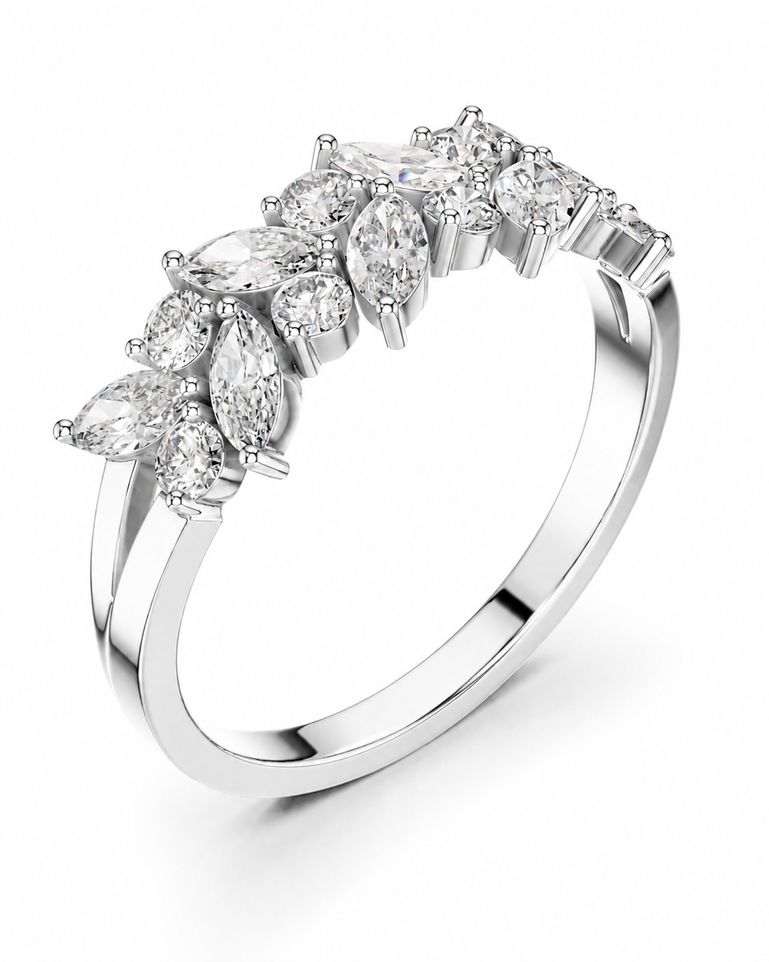 color_925_SIL,color_935_ARG,color_10K_WG, color_14K_WG &&	
A silver-colored diamond ring featuring a marquise and oval diamond cluster on a polished band, set against a clean white background.