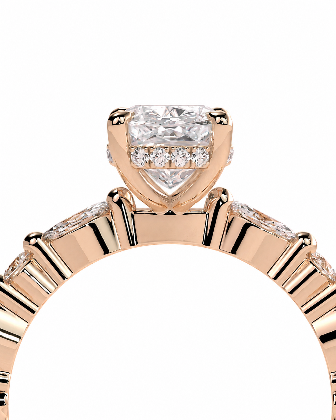 color_10K_RG, color_14K_RG &&Close-up of a rose gold engagement ring featuring a cushion-cut diamond center stone and a halo of smaller diamonds, set against a plain white background.