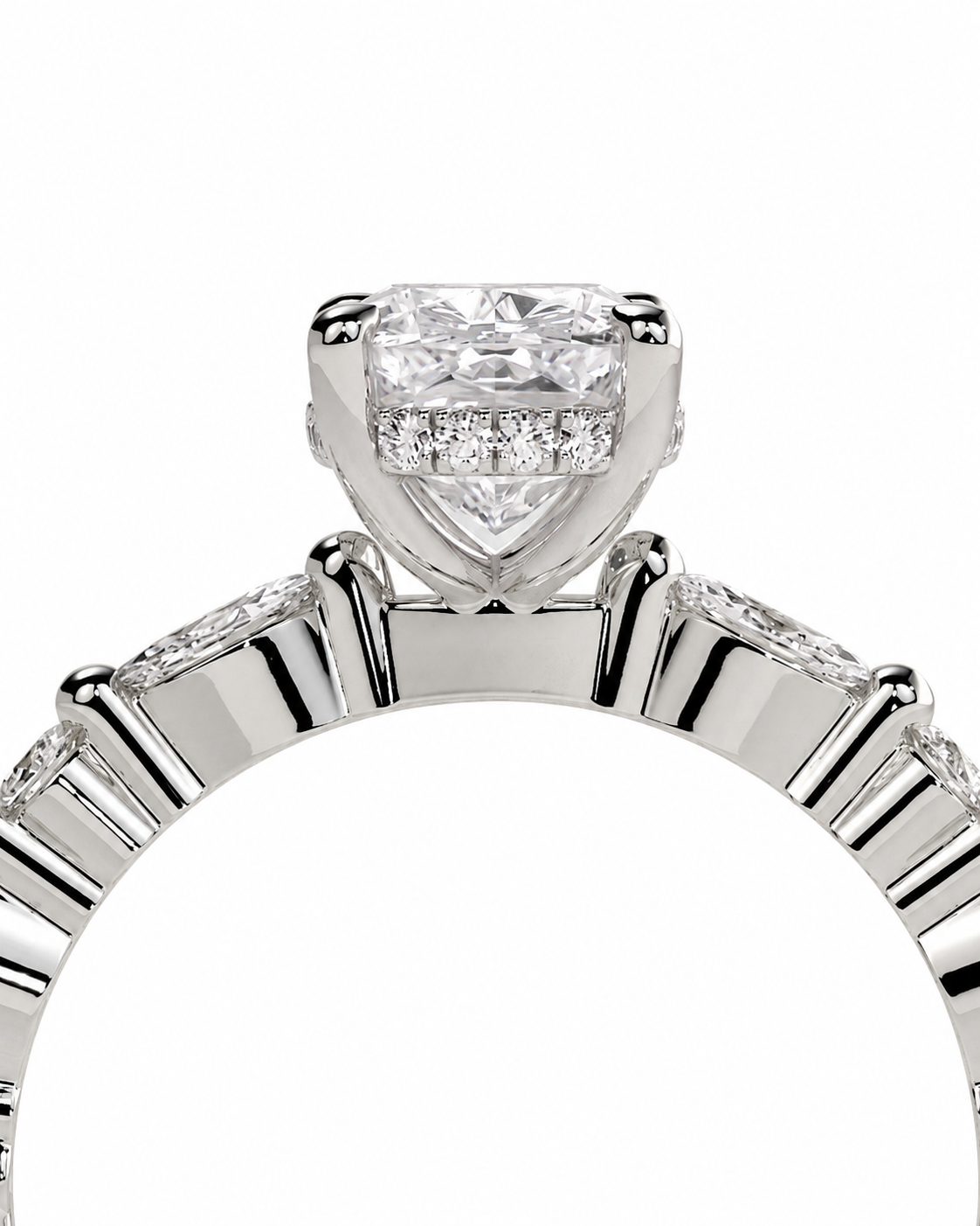 color_925_SIL,color_935_ARG,color_10K_WG, color_14K_WG &&A close-up studio shot of a silver-toned diamond ring featuring a heart-shaped center stone with a row of smaller diamonds across the top and a channel-set diamond band.