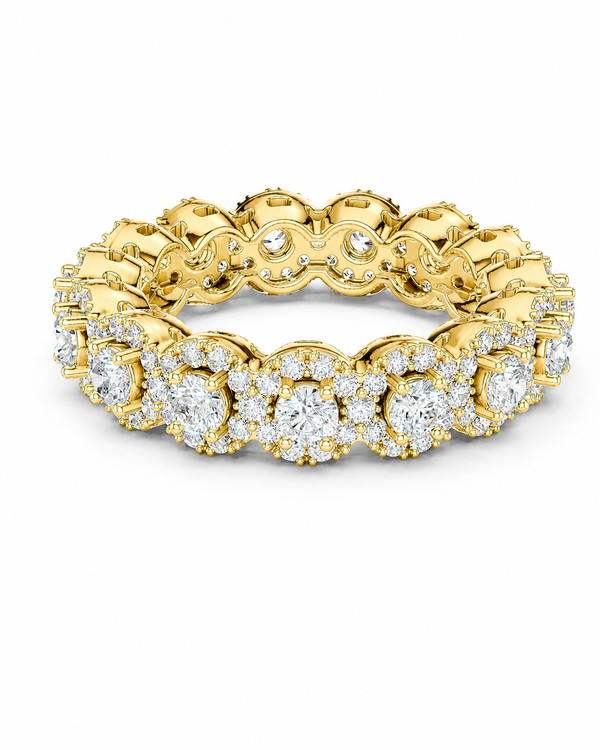 color_10K_YG, color_14K_YG &&	
A yellow gold eternity ring set with round and oval diamonds, shown on a clean white background.