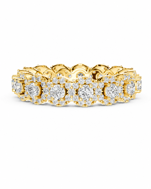 color_10K_YG, color_14K_YG &&	
A yellow gold eternity ring featuring multiple round-cut diamonds in a halo setting, presented on a clean white background.