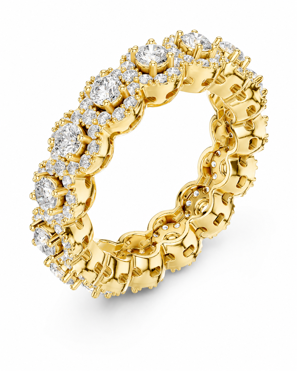color_10K_YG, color_14K_YG &&	
A yellow gold eternity ring featuring a continuous row of round-cut clear gemstones in a prong setting, surrounded by smaller accent stones, shown on a clean white background.