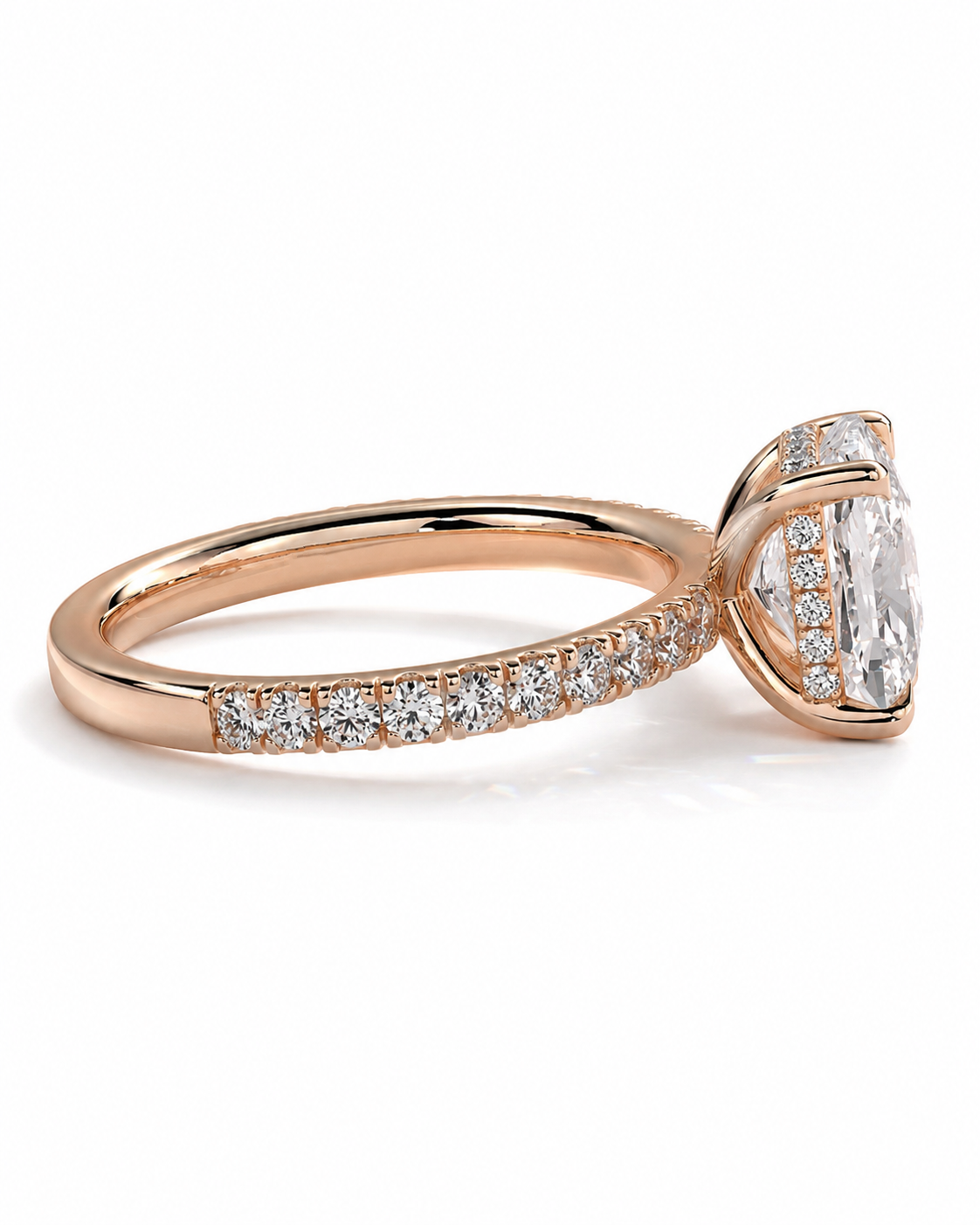 color_10K_RG, color_14K_RG &&A rose gold engagement ring featuring a large oval-cut center stone and a pave-set diamond band, shown on a clean white background.
