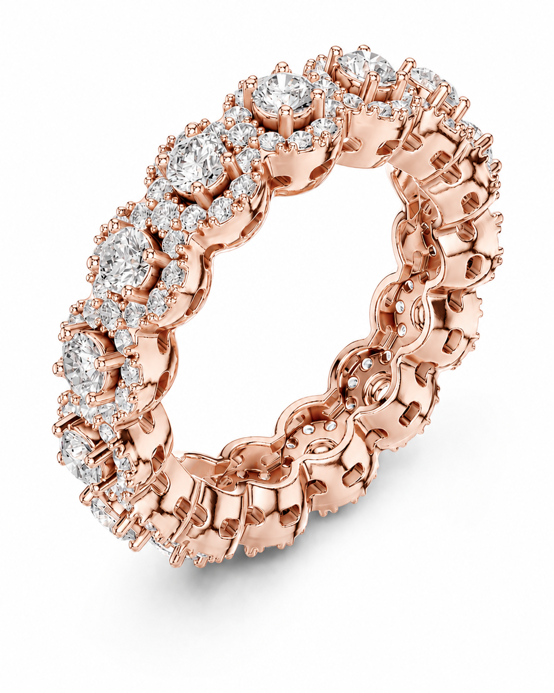 color_10K_RG, color_14K_RG &&	A rose gold eternity ring featuring a continuous line of round-cut diamonds in prong settings, shown on a clean white background.