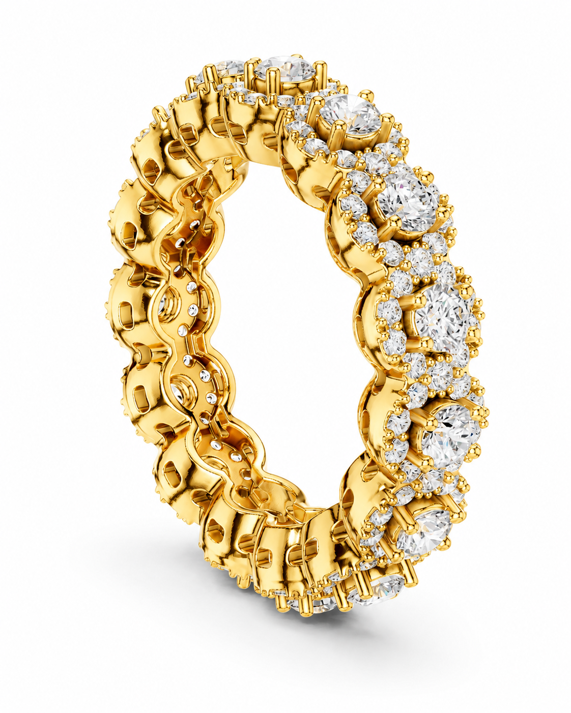 color_10K_YG, color_14K_YG &&	
A yellow gold eternity ring featuring a continuous row of round-cut diamonds in a halo setting, shown on a clean white background.