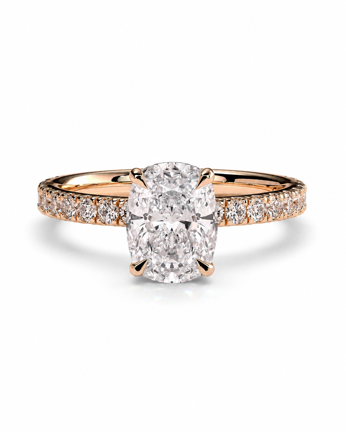color_10K_RG, color_14K_RG &&A rose gold engagement ring featuring a large oval-cut center diamond set in a four-prong setting, with a pave band adorned with smaller round diamonds, shown on a clean white background.