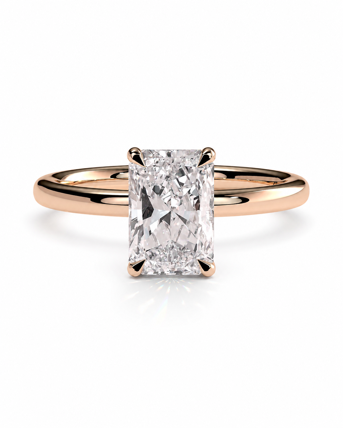 color_10K_RG, color_14K_RG &&An emerald-cut diamond engagement ring with a rose gold band, shown on a clean white background with a soft reflection.