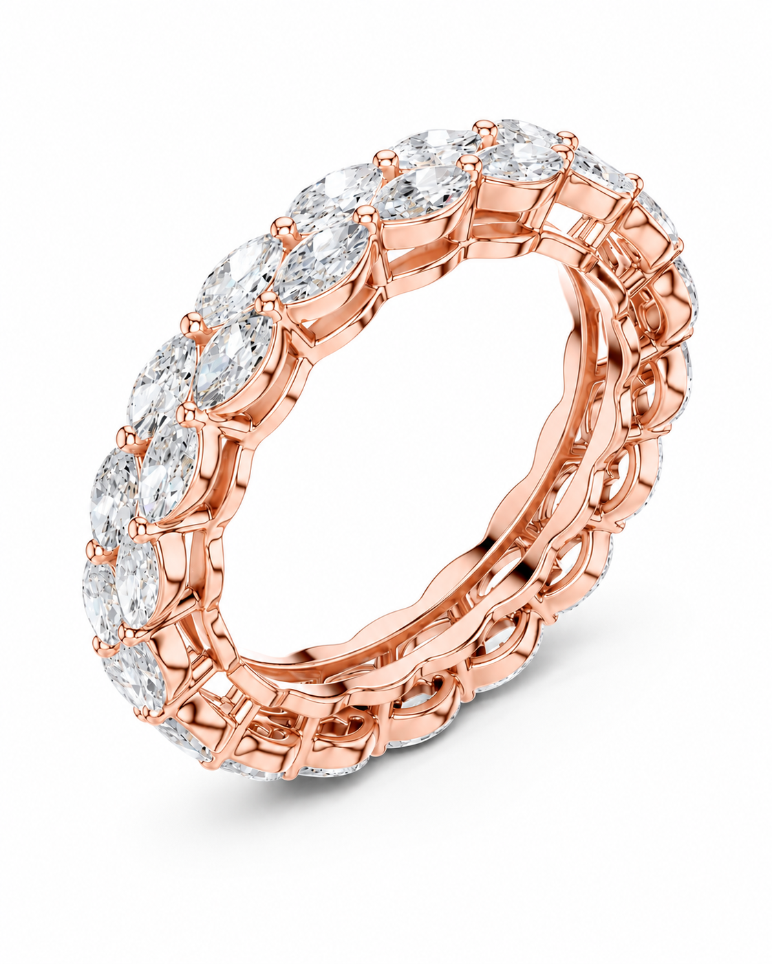 color_10K_RG, color_14K_RG &&	A rose gold eternity ring featuring a continuous row of round brilliant-cut clear diamonds in a prong setting, shown on a clean white background.
