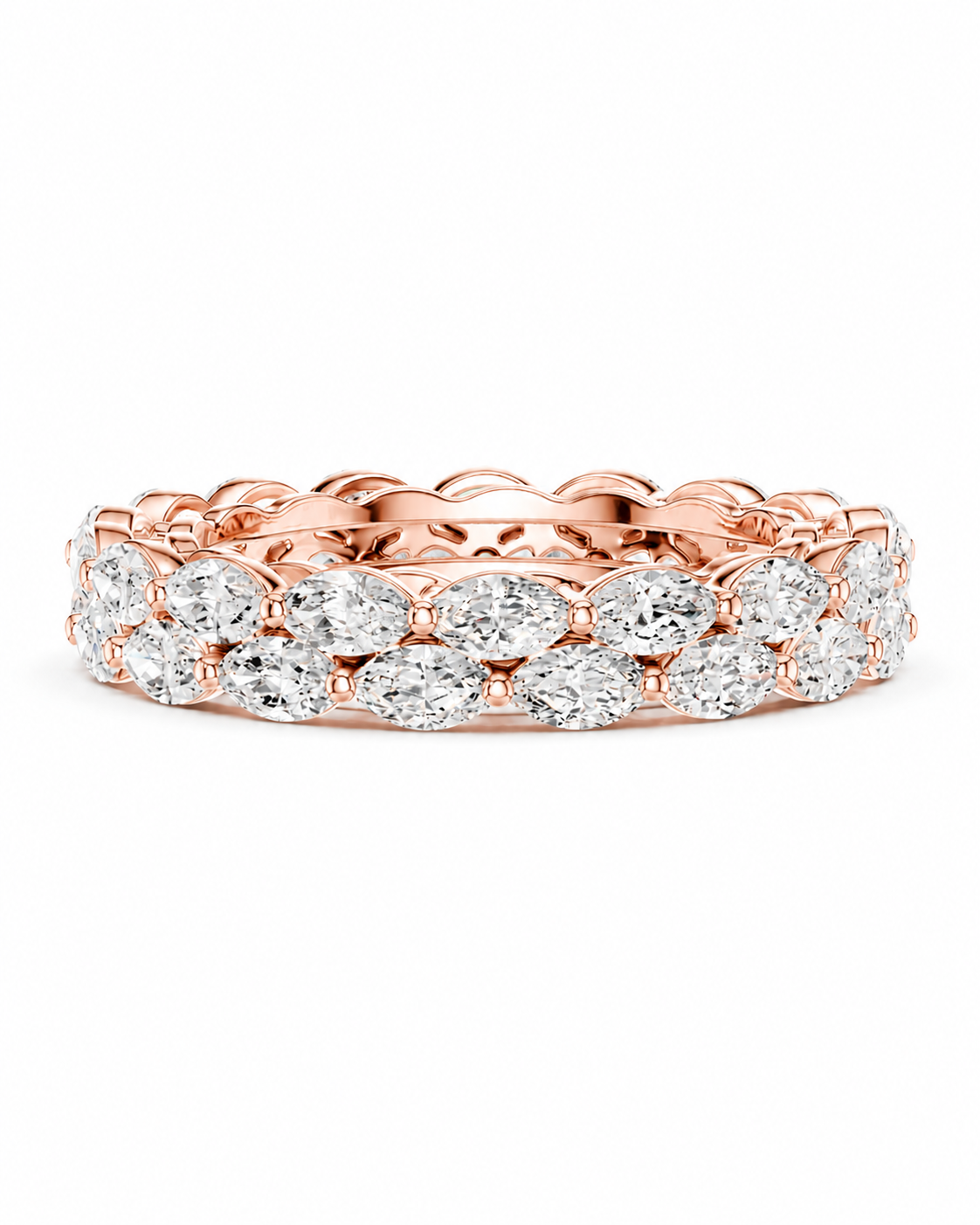 color_10K_RG, color_14K_RG &&	A rose gold eternity ring featuring two rows of round brilliant-cut diamonds, set against a clean white background.