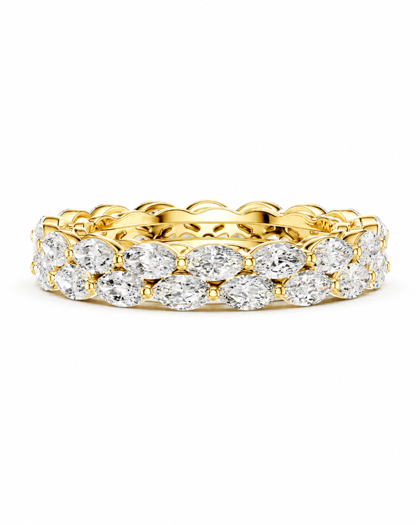 color_10K_YG, color_14K_YG &&	
A yellow gold eternity ring set with two rows of round brilliant-cut diamonds on a clean white background.