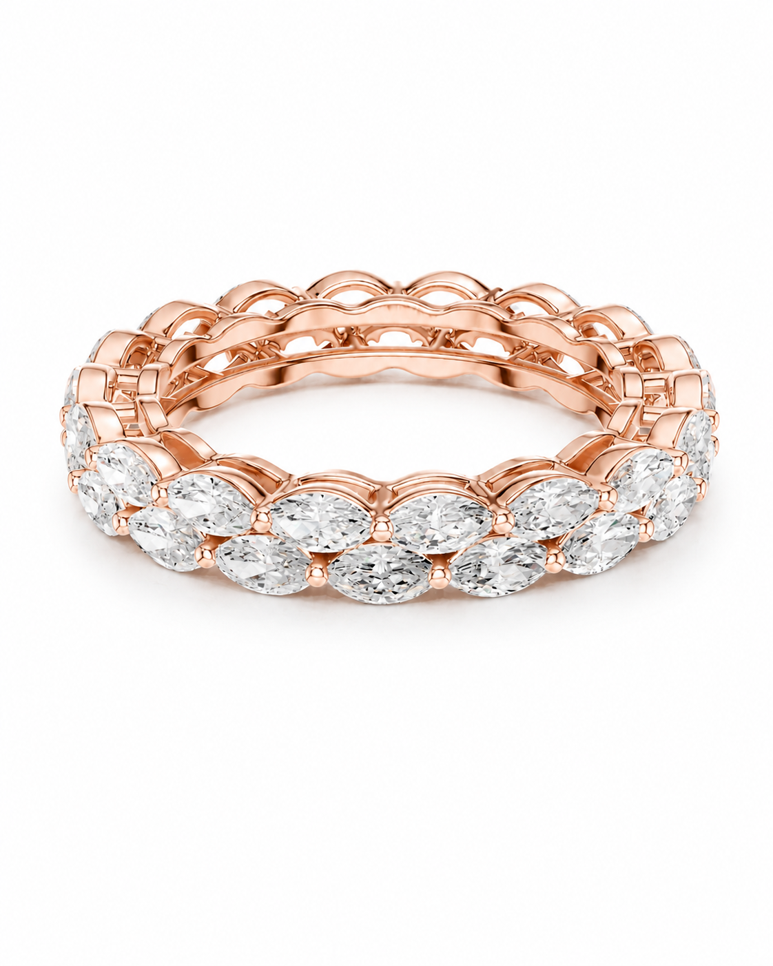 color_10K_RG, color_14K_RG &&	A rose gold eternity ring featuring a continuous row of round-cut clear gemstones, photographed on a clean white background.