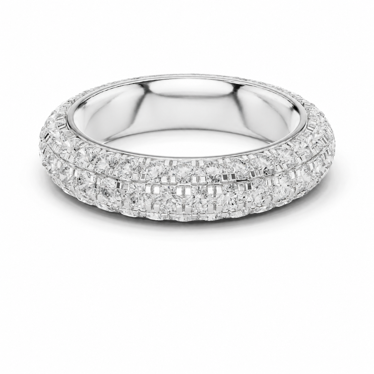 color_925_SIL,color_935_ARG,color_10K_WG, color_14K_WG &&	
A silver-colored diamond band ring featuring a double row of round-cut pave diamonds on a clean white background.