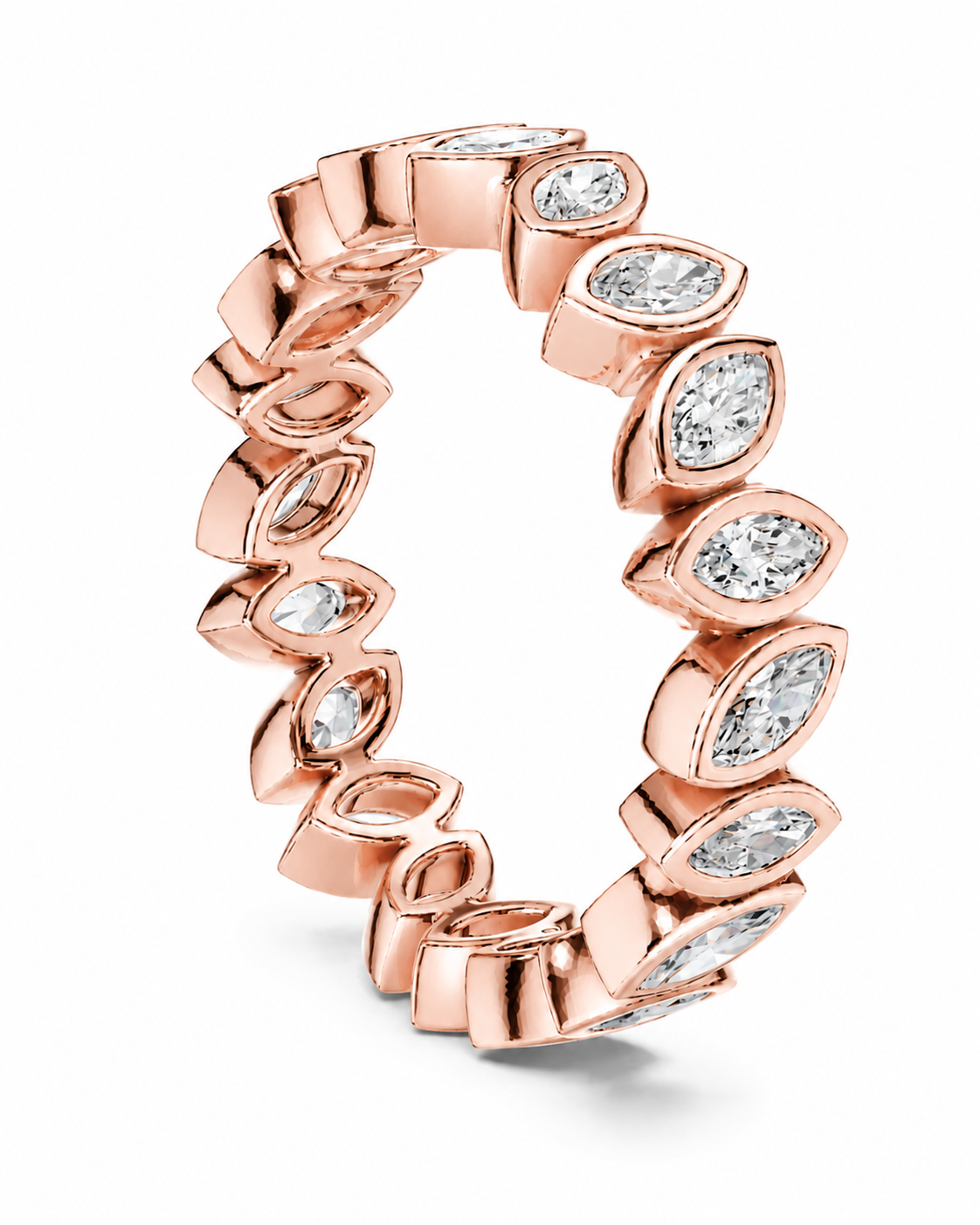 color_10K_RG, color_14K_RG &&	A rose gold eternity ring featuring marquise-cut clear gemstones in a continuous linked band design, shown on a clean white background.