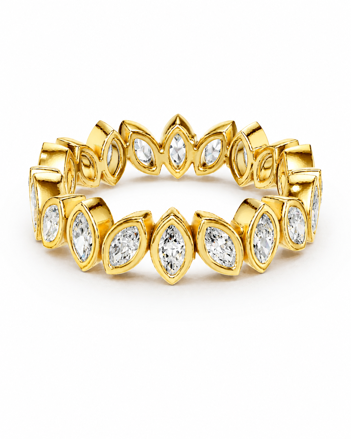 color_10K_YG, color_14K_YG &&	
A yellow gold eternity-style ring featuring multiple marquise-cut clear gemstones set in a repeating leaf-like pattern, photographed on a clean white background.