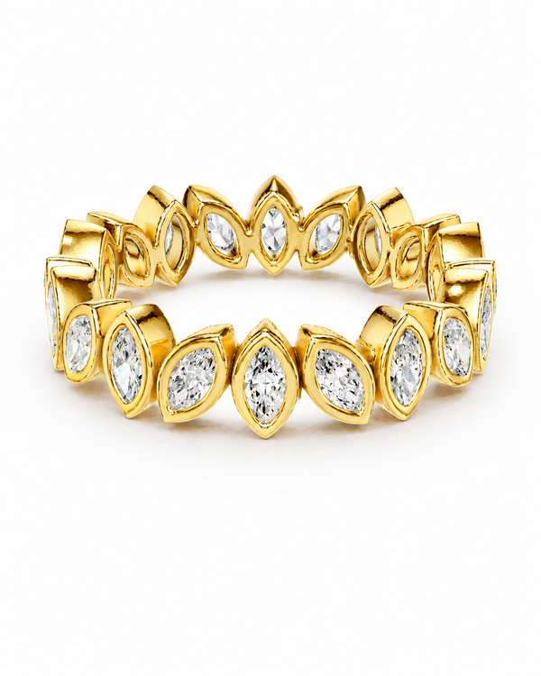 color_10K_YG, color_14K_YG &&	
A yellow gold eternity-style ring featuring multiple marquise-cut clear gemstones set in a repeating leaf-like pattern, photographed on a clean white background.