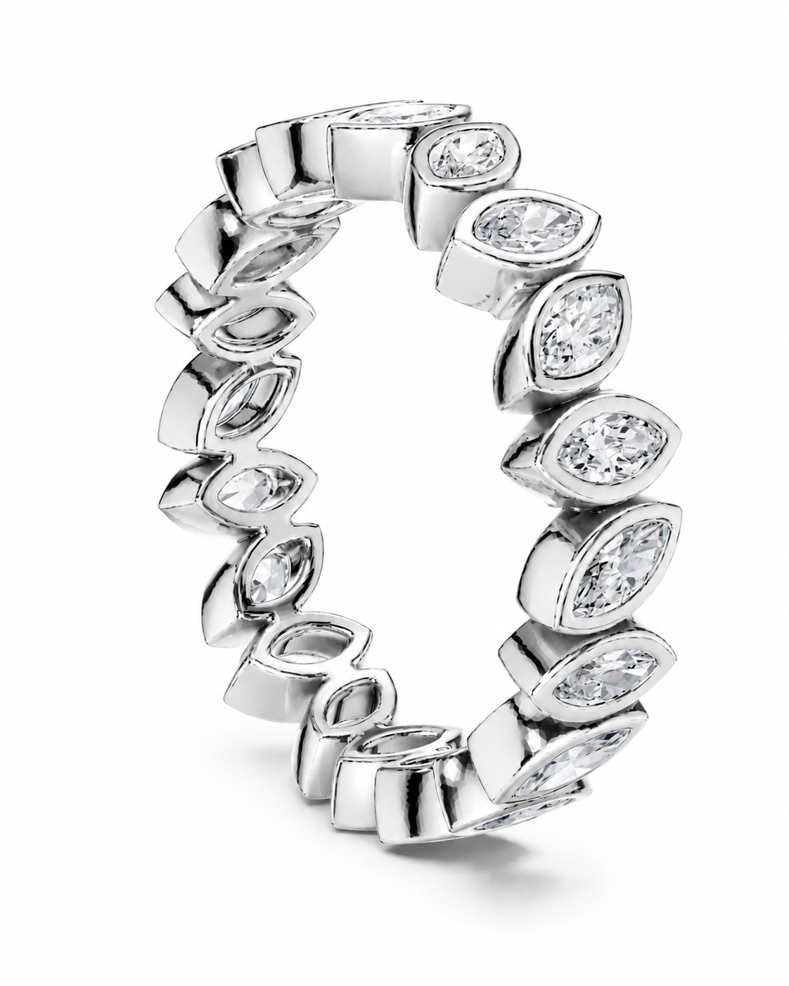 color_925_SIL,color_935_ARG,color_10K_WG, color_14K_WG &&	
A silver eternity ring featuring marquise-cut gemstones set in a segmented, leaf-like design, shown on a clean white background.