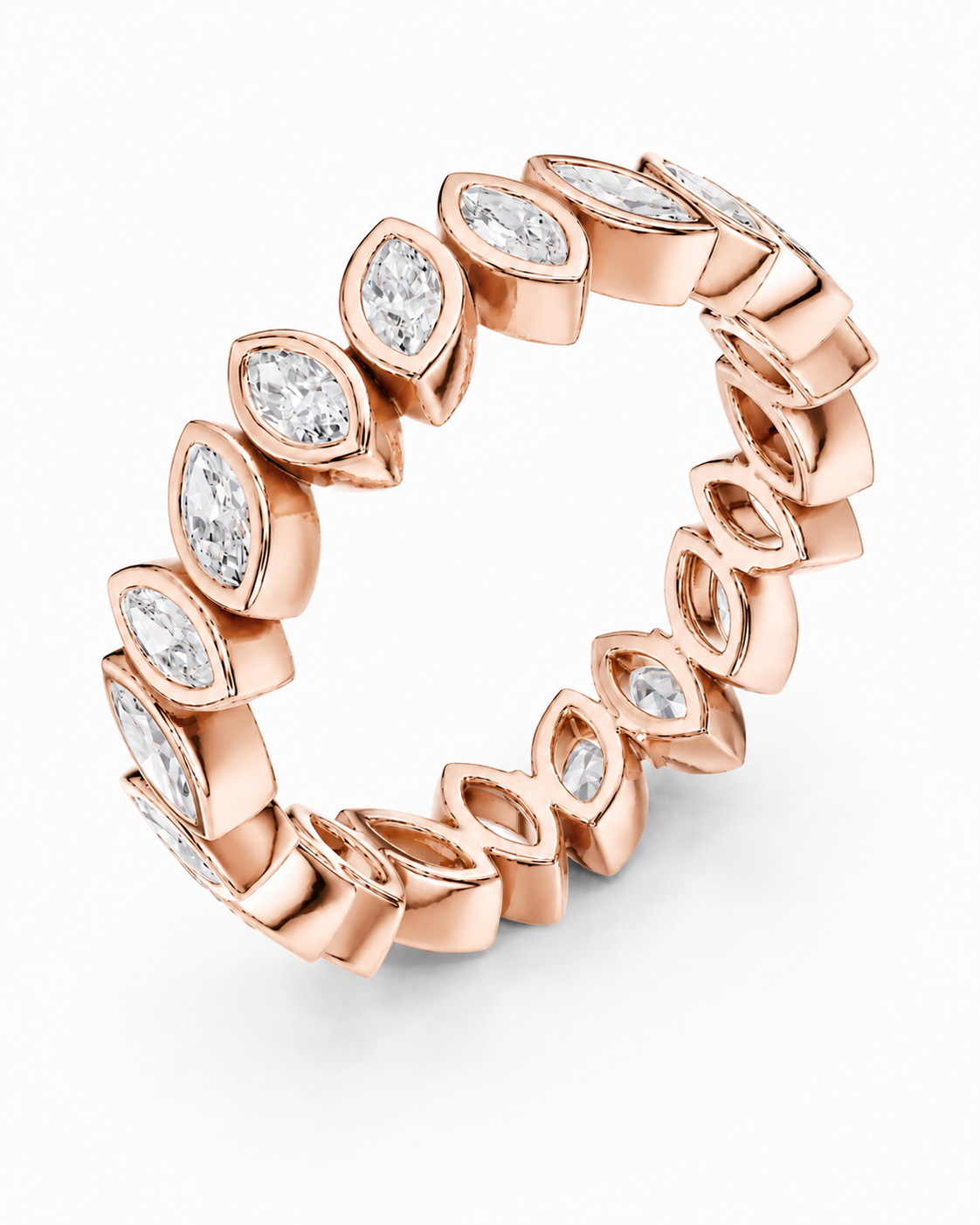 color_10K_RG, color_14K_RG &&	A rose gold eternity ring featuring marquise-cut clear gemstones in a continuous band setting, photographed on a clean white background.