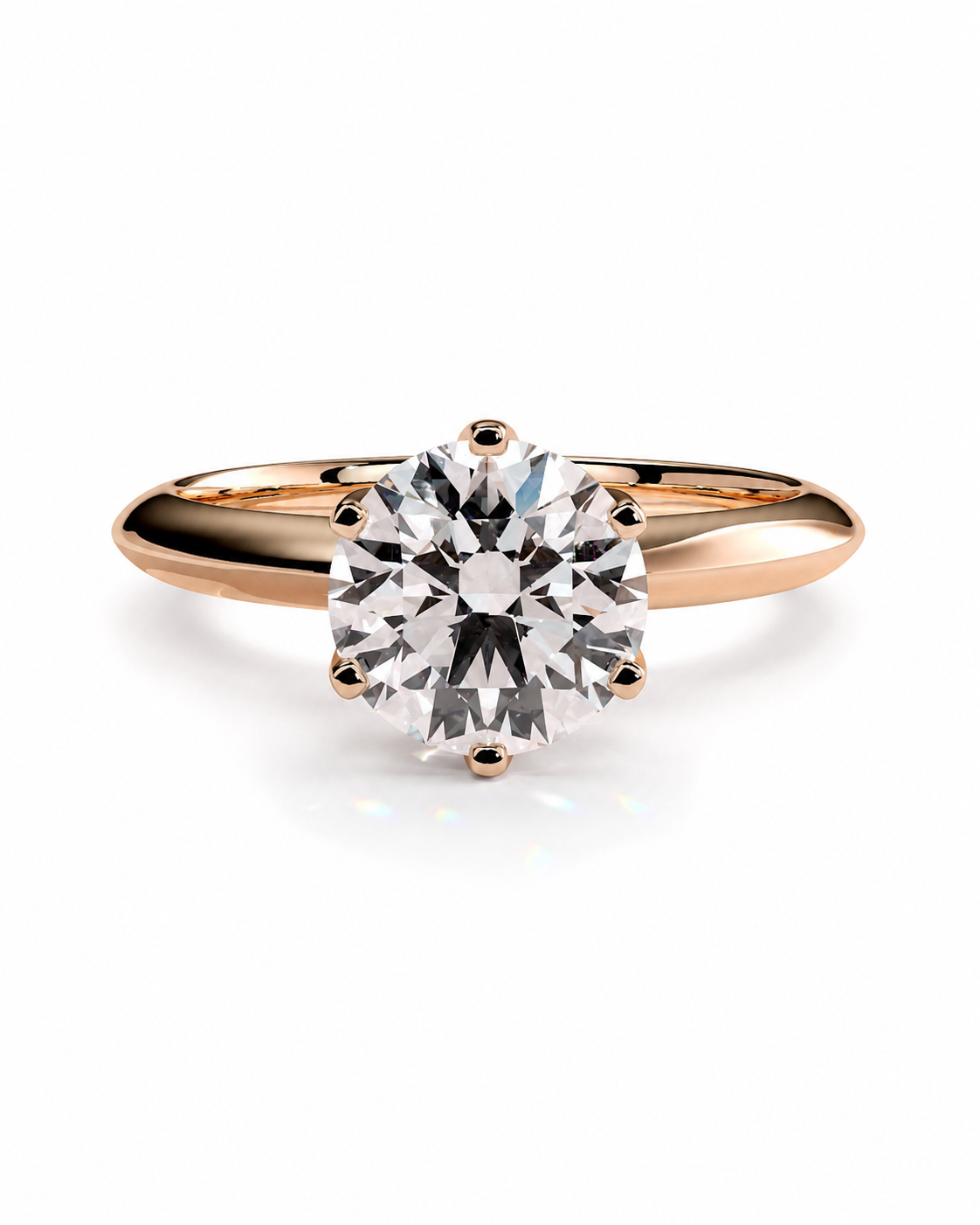 color_10K_RG, color_14K_RG &&A classic solitaire engagement ring featuring a round brilliant-cut diamond set in a polished rose gold band with a four-prong setting, shown on a clean white background.