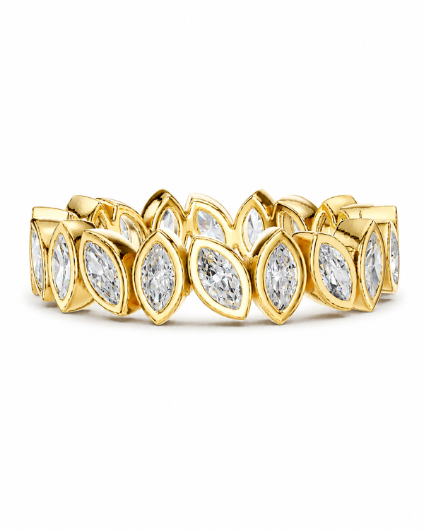 color_10K_YG, color_14K_YG &&	
A yellow gold eternity-style ring featuring marquise-cut clear gemstones in a continuous row, photographed on a clean white background.