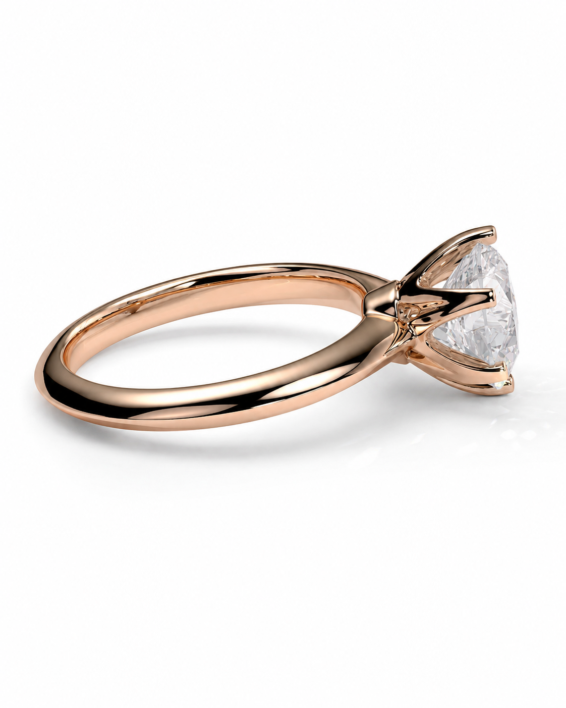 color_10K_RG, color_14K_RG &&A rose gold engagement ring featuring a large, round brilliant-cut diamond set in a four-prong setting, shown on a clean white background.