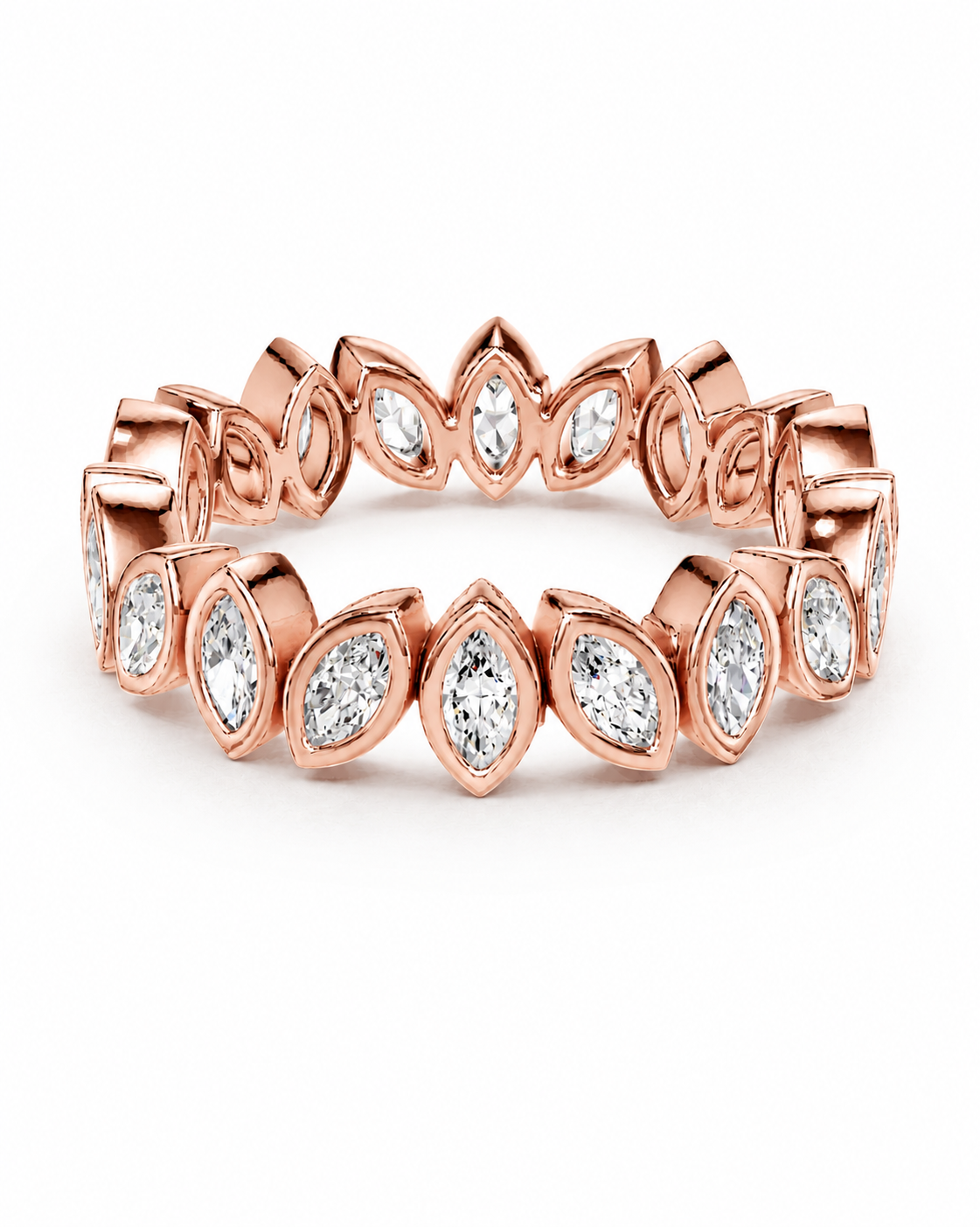 color_10K_RG, color_14K_RG &&	A rose gold eternity ring featuring marquise-cut diamonds set in a continuous linked band, shown on a clean white background.