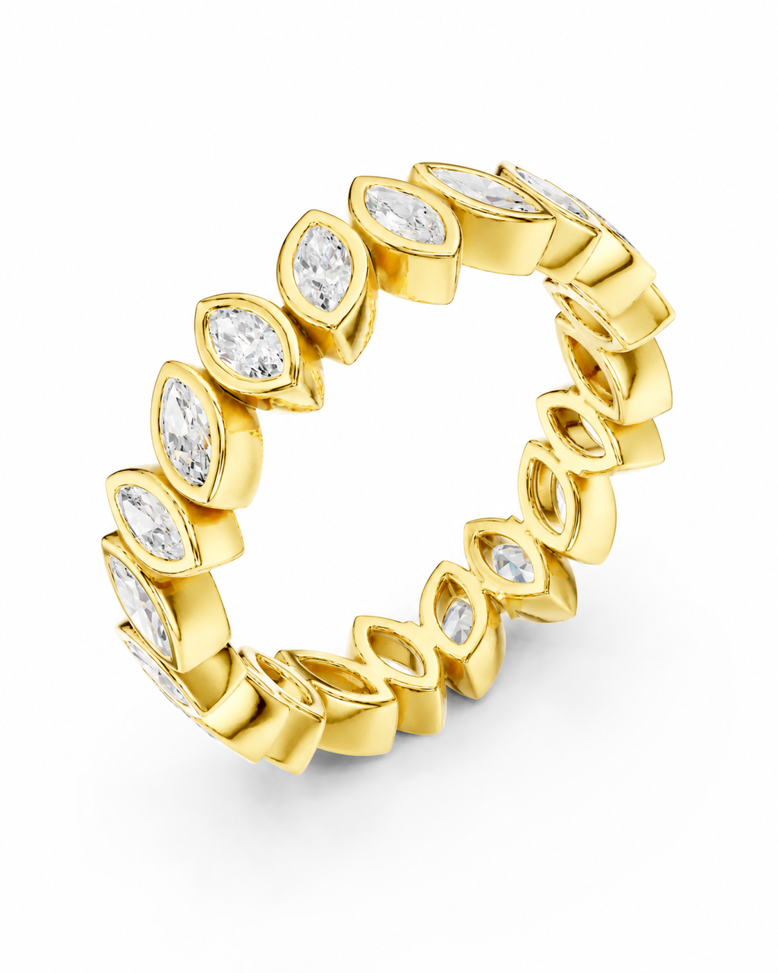 color_10K_YG, color_14K_YG &&	
A yellow gold eternity ring featuring marquise-cut clear gemstones set in a continuous band, photographed on a clean white background.